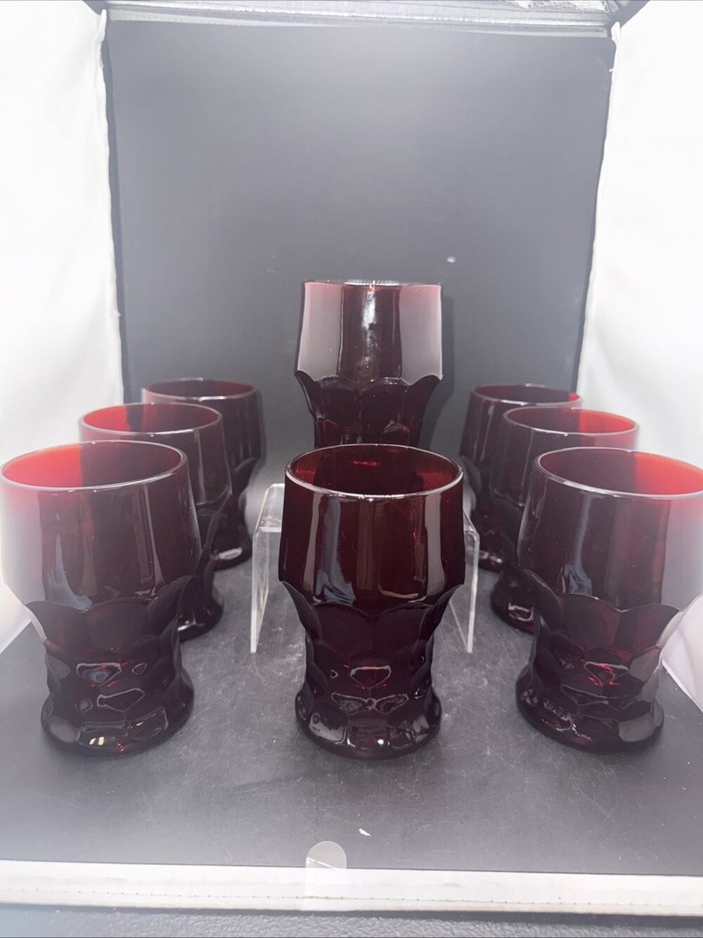 Vintage Viking Glass Georgian Ruby Red Tumblers 5" Honeycomb Pattern Set of 8